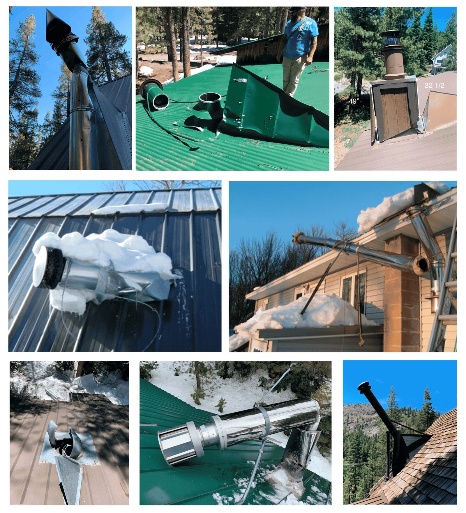 Chimneys and vents damaged by sliding snow