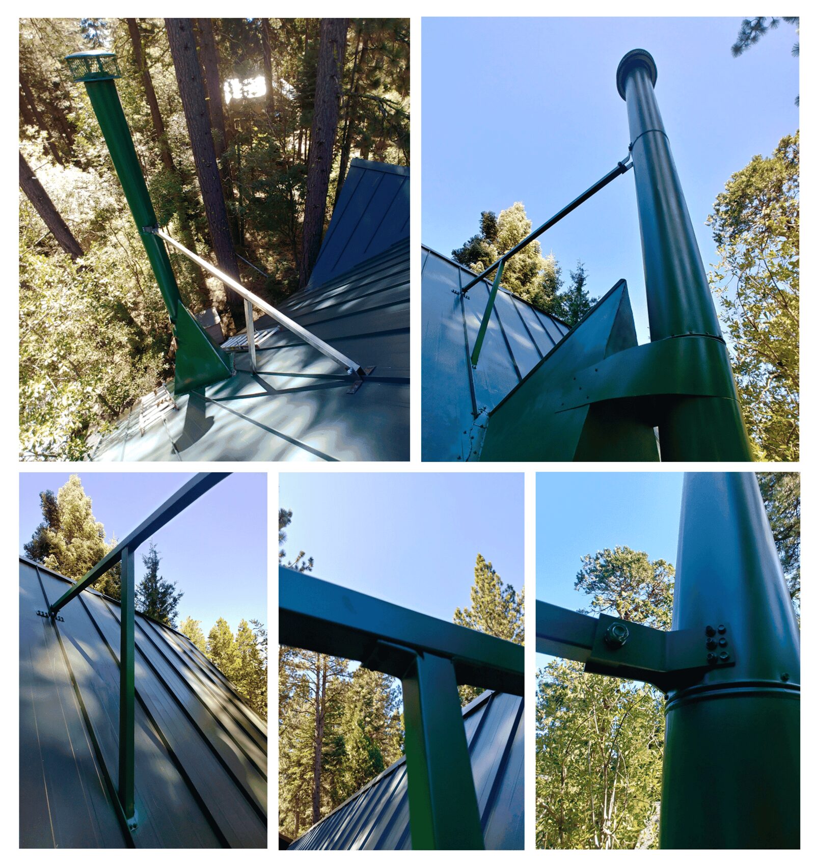 Green snow splitter with chimney brace on a metal roof