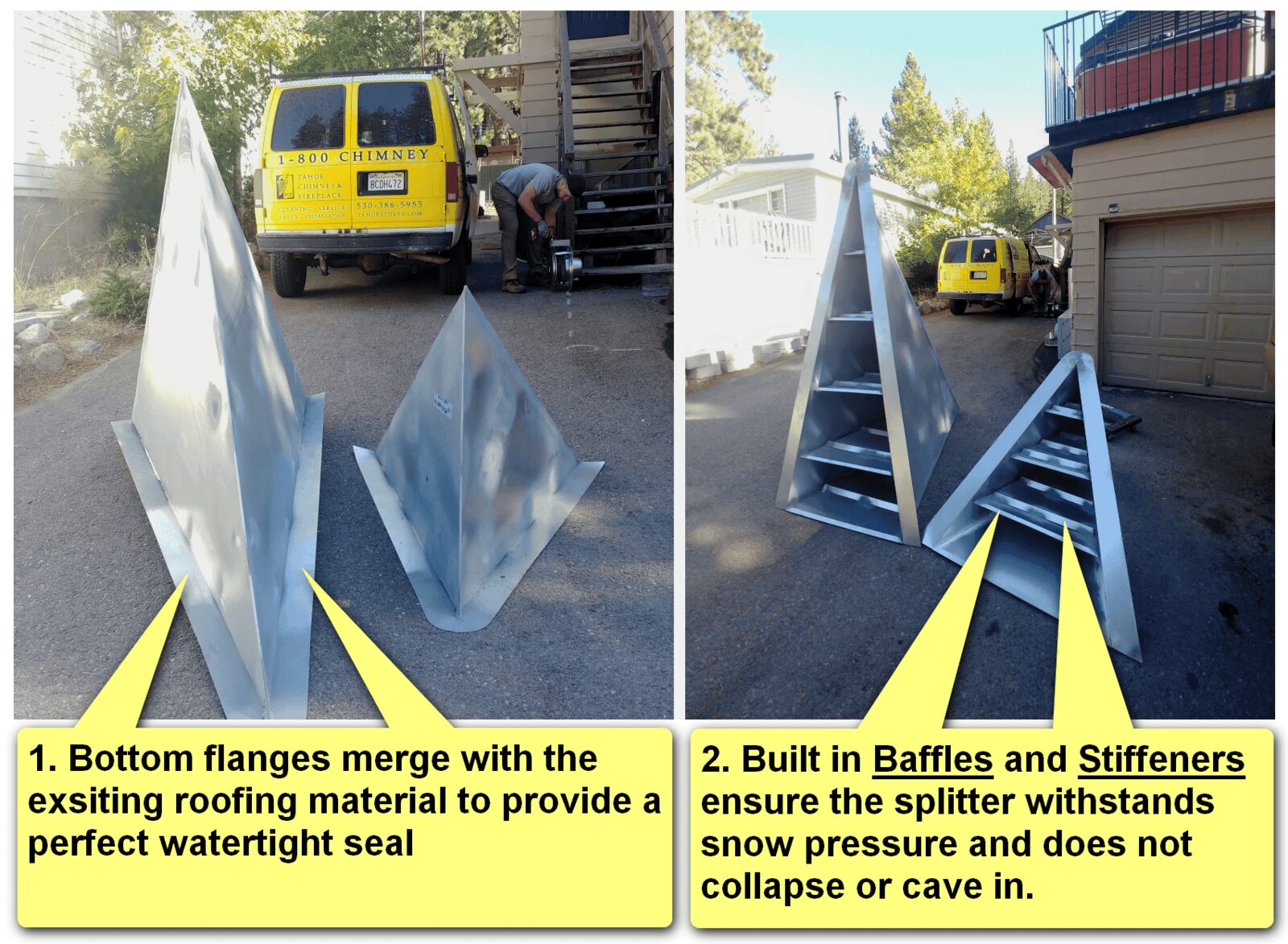 Custom snow splitters with watertight flanges and built-in baffles